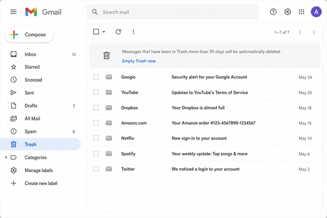 Illustration: Gmail left sidebar with Trash folder highlighted below More expand arrow