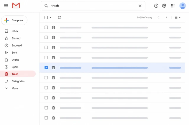 Illustration: Gmail Trash search bar with from and subject operators and a matching email row highlighted