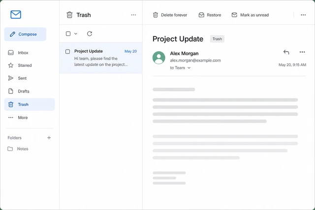 Illustration: opened Gmail message in Trash showing subject sender and body preview for verification