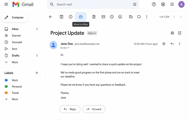 Illustration: Gmail toolbar with Move to Inbox button highlighted above an open Trash message