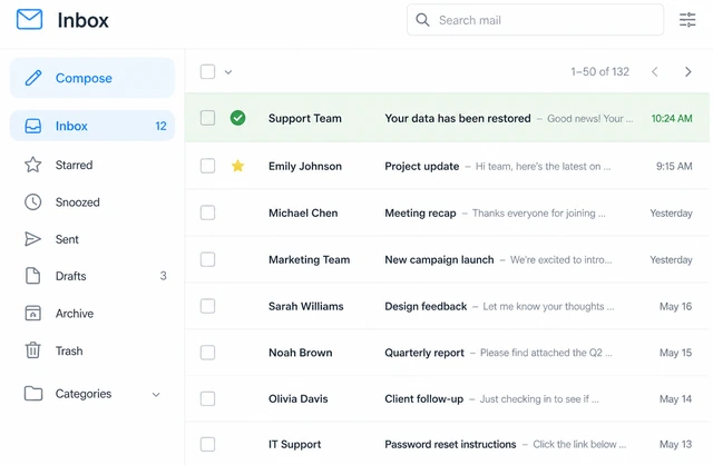 Illustration: Gmail Inbox with recently restored email visible near the top of the message list