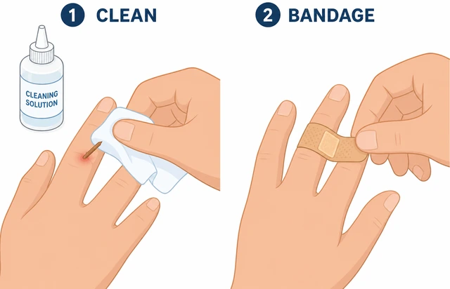 Illustration: cleaning and bandaging site after broken splinter
