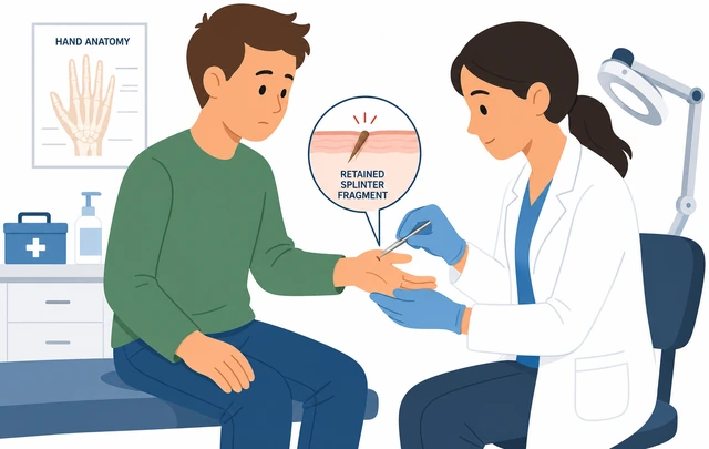Illustration: seeking medical care for retained splinter fragment