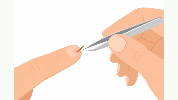 Illustration: clean tweezers removing a small splinter from a finger