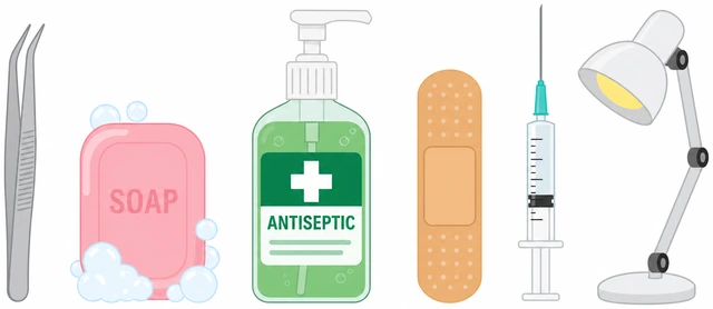 Illustration: tweezers soap antiseptic bandage needle and bright lamp laid out
