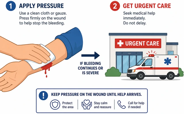 Illustration: applying gentle pressure then seeking care for ongoing bleeding