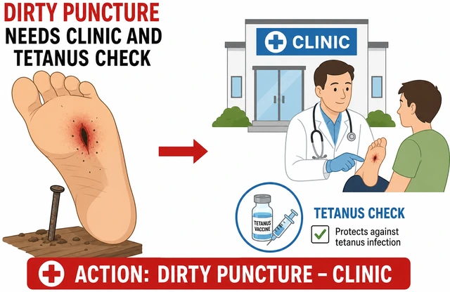 Illustration: dirty deep puncture wound needing clinical care and tetanus check