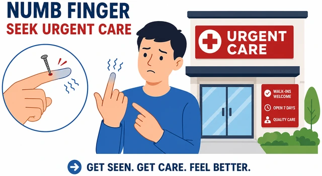 Illustration: seeking urgent care for numb or immobile finger after puncture
