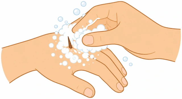 Illustration: washing hands and skin around splinter with soap and water