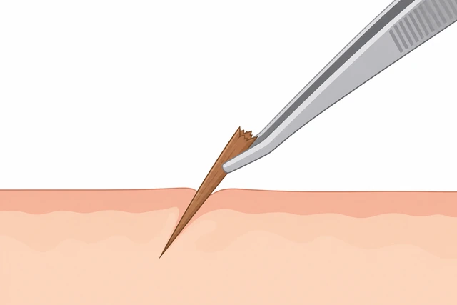 Illustration: sterilized tweezers gripping splinter tip pulling along entry angle