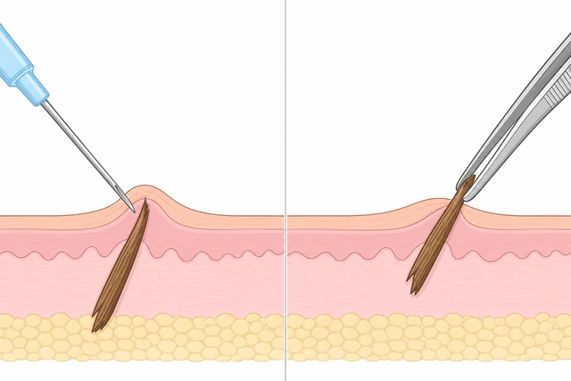 Illustration: sterilized needle lifting skin to expose splinter tip then tweezers