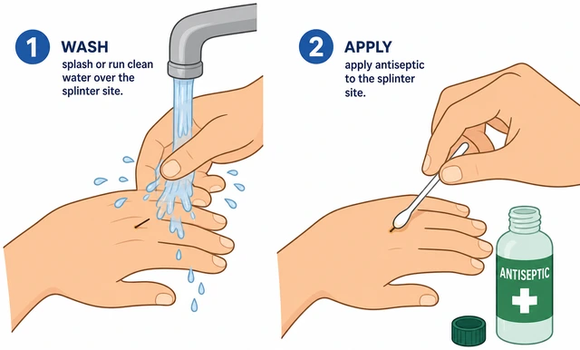 Illustration: washing splinter site and applying antiseptic