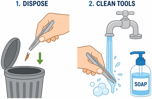 Illustration: disposing of removed splinter and washing tweezers