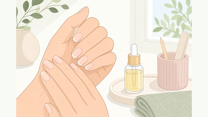 Illustration: clean natural nails after gel polish soak-off with cuticle oil nearby