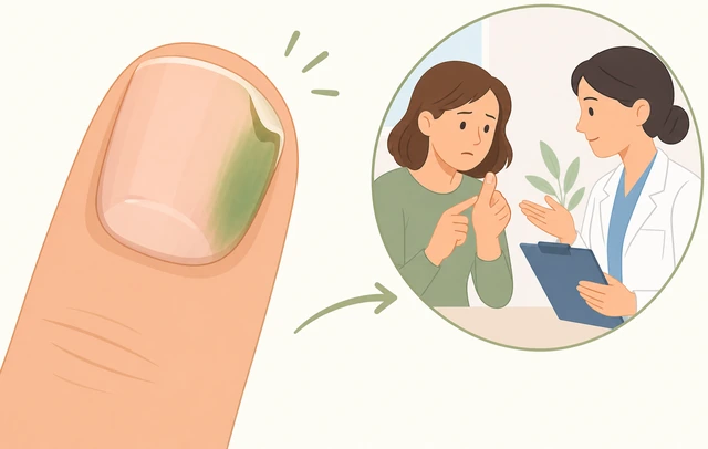 Illustration: warning signs of infection or lifting nail needing professional care