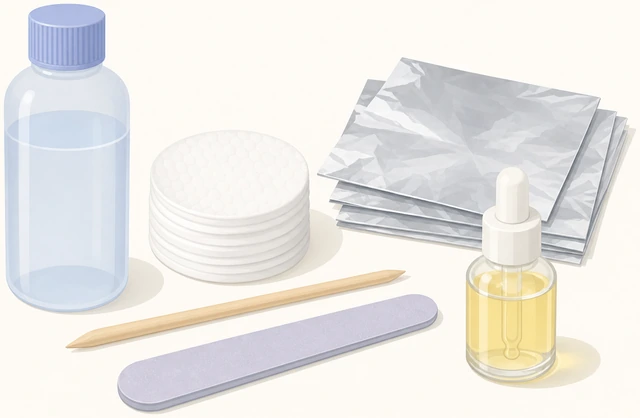 Illustration: acetone bottle cotton pads foil sheets orangewood stick and cuticle oil laid out