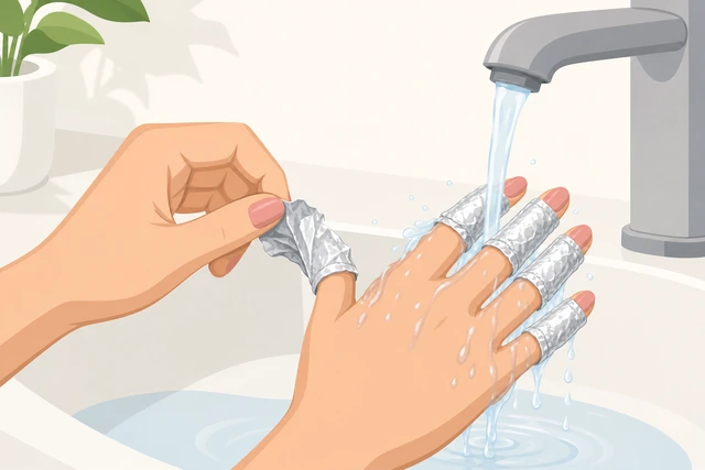 Illustration: removing foil wraps early and rinsing irritated fingers