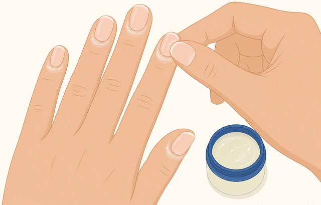 Illustration: petroleum jelly on skin around nails leaving nail plate clear for acetone