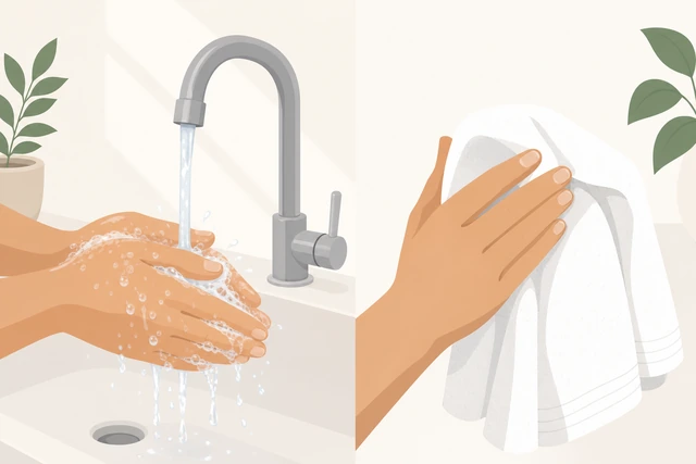 Illustration: washing hands then drying with a clean towel before gel removal