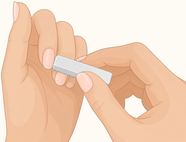 Illustration: very light buffing of tiny leftover gel bits on a fingernail