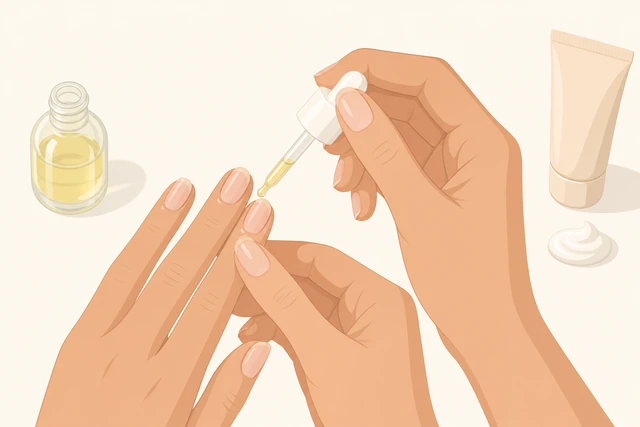 Illustration: applying cuticle oil to nails and cream to hands after gel removal