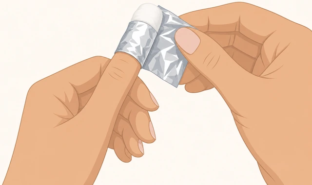 Illustration: acetone cotton on a fingernail wrapped tightly with aluminum foil