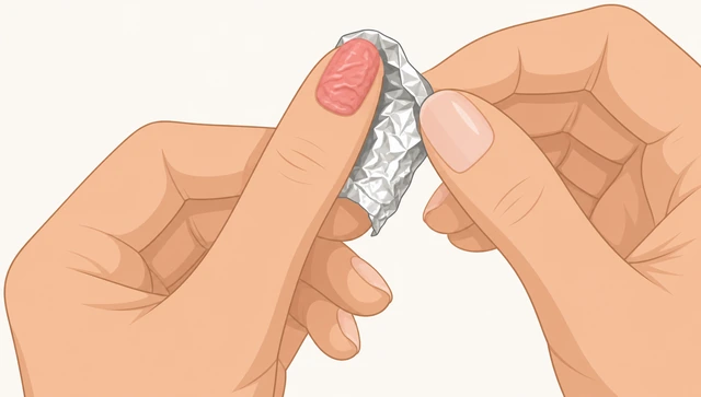 Illustration: unwrapping foil to show softened wrinkled gel polish on one nail