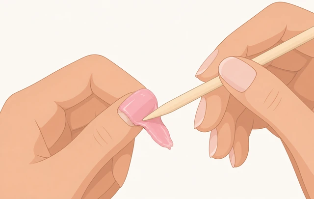 Illustration: orangewood stick gently sliding softened gel polish off the nail plate