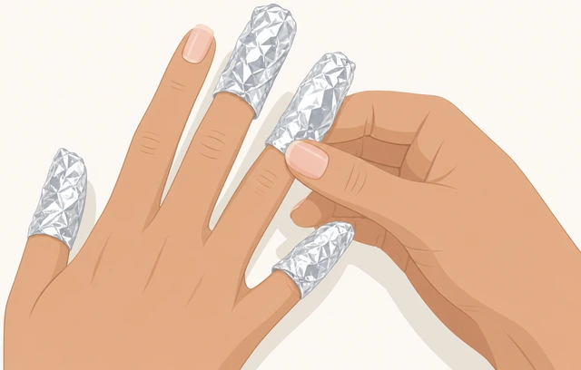 Illustration: repeating foil soak on remaining fingernails after first nail is clear