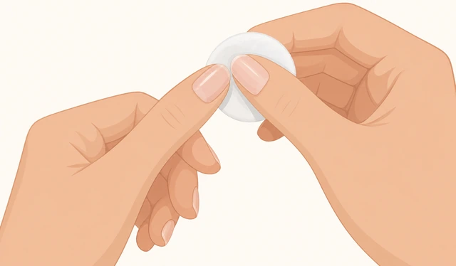 Illustration: wiping a fingernail with acetone-damp cotton to remove gel residue