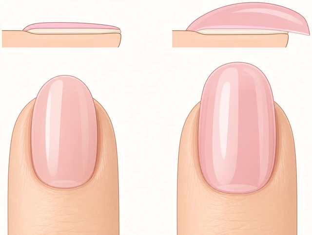 Illustration: comparing thick builder gel or tip overlay versus thin gel polish