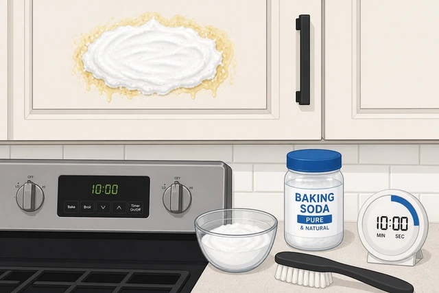 Illustration: baking soda paste spread on yellow greasy spot above stove, simple timer set to five minutes