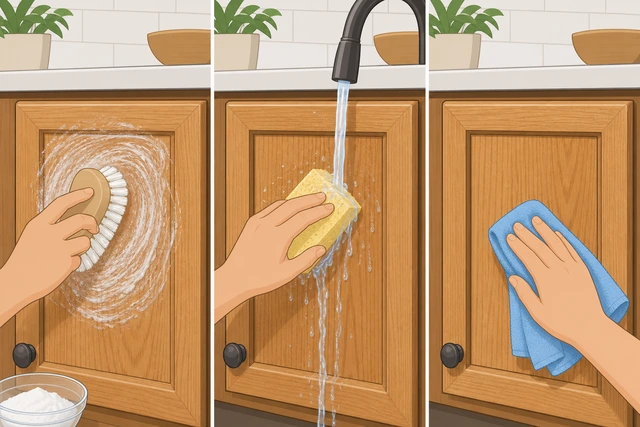 Illustration: soft nylon brush scrubbing along cabinet grain, then rinse cloth and dry microfiber follow