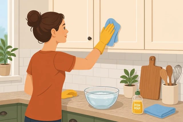 Illustration: fresh bowl of plain warm water with one tiny drop of dish soap, harsh cleaners set aside