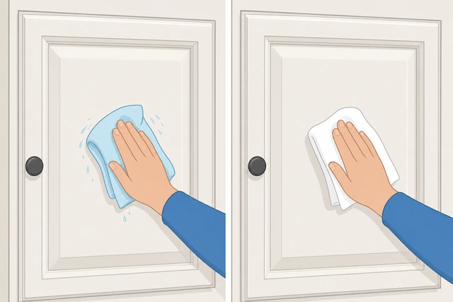 Illustration: nearly dry cloth blotting painted cabinet door, dry cloth following within seconds, no standing water