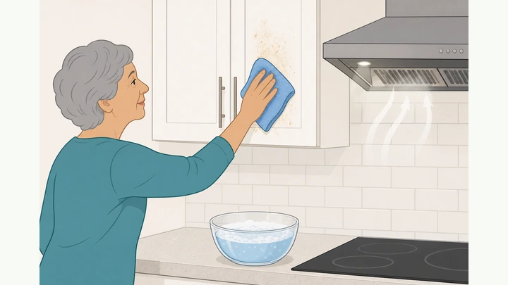 Illustration: gloved hands wiping a kitchen cabinet door with a nearly dry microfiber, fan on, drop cloth on counter