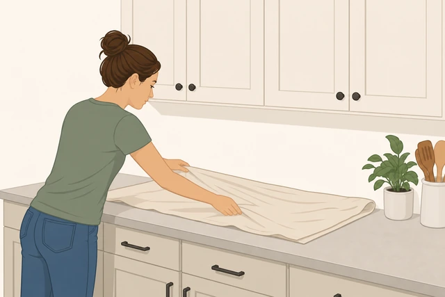 Illustration: counter cleared under kitchen cabinets, drop cloth laid to catch drips