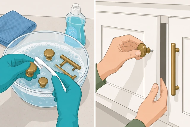 Illustration: cabinet knobs soaking in a bowl, cloth scrubbing grease off a pull before reinstalling