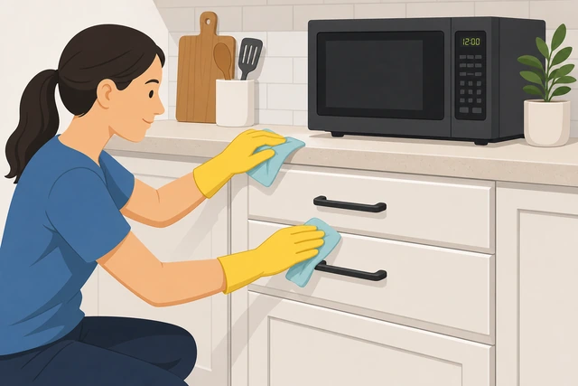 Illustration: wiping the back of a cabinet handle and drawer edge near the stove with damp then dry cloth