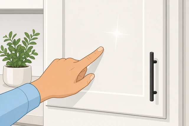 Illustration: fingertip gliding smoothly across a clean cabinet door, no sticky drag visible