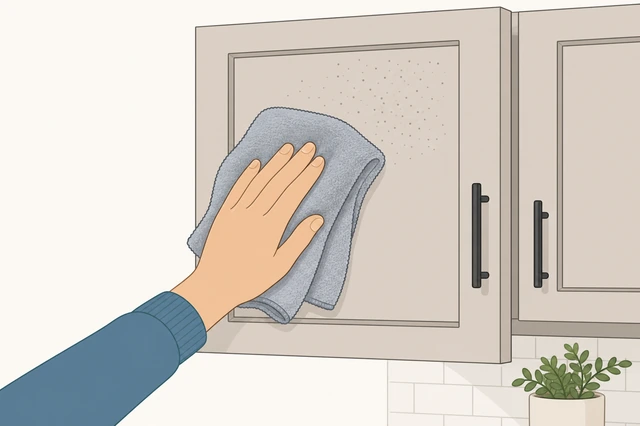 Illustration: dry microfiber brushing dust and crumbs off a cabinet door before any wet cleaning