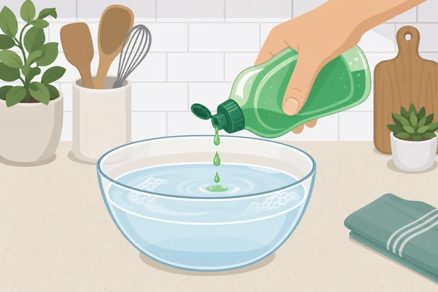 Illustration: bowl of warm water with a few drops of dish soap added, not a heavy squirt of suds