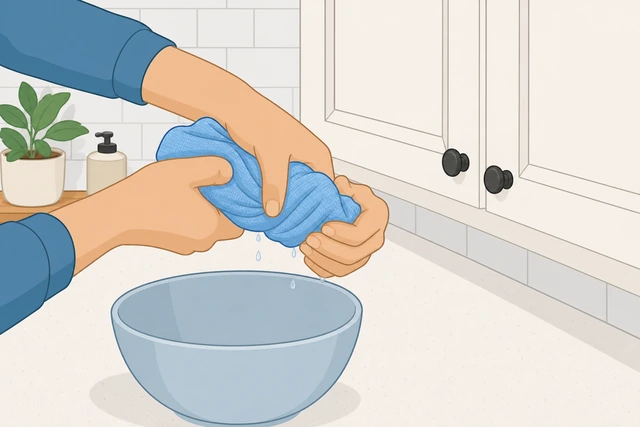 Illustration: hands wringing a microfiber cloth over a bowl until damp with no drips falling