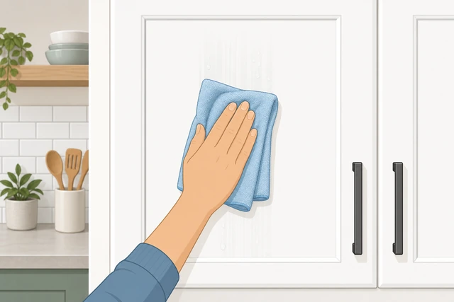 Illustration: gloved hand wiping one cabinet door top to bottom with a nearly dry microfiber, flipping to clean side
