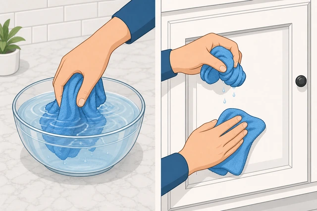 Illustration: microfiber rinsed in clean water, wrung nearly dry, second wipe pass on cabinet door