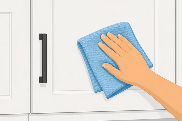 Illustration: clean dry microfiber wiping a cabinet door immediately after wet pass, no water beads on seams