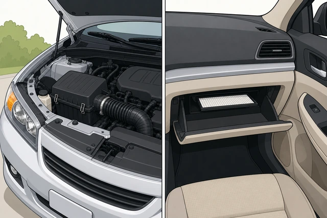 Illustration: side by side comparison of engine air filter under hood and flat cabin filter behind glovebox