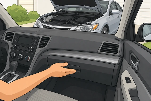 Illustration: glovebox compartment closed back up unchanged next to hood open to the correct engine filter