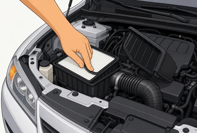 Illustration: hand straightening a pinched air filter edge to sit flat and centered in the box