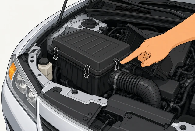 Illustration: hand inspecting a cracked lid clip while realigning air box lid before engaging clips